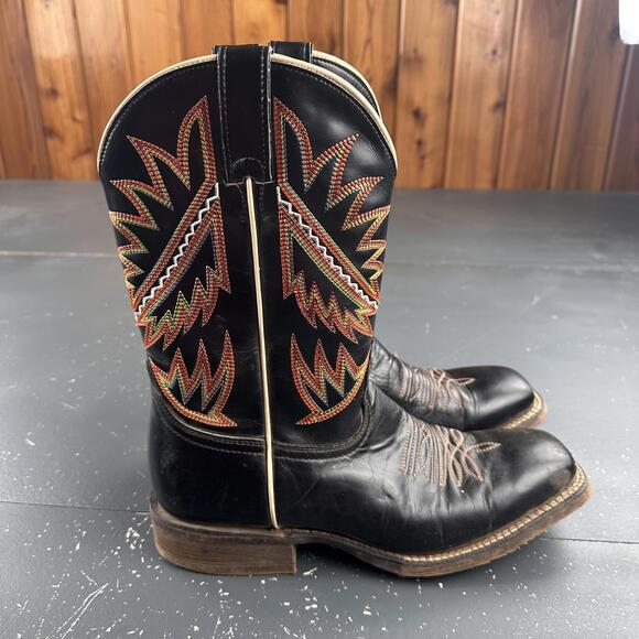 Nocona Western Boots Mens 9D Black Cowboy Leather Orange Red Feather Embroidery - Picture 4 of 9
